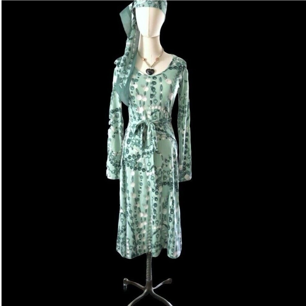 Vintage 70s Novelty Print Dress Scarf Belt Set Small‎ Green Jersey Midi Dress